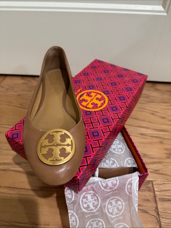 Tory Burch Shoes - Tory Burch Tan Leather Logo Benton Ballet Flat with Gold Medallion